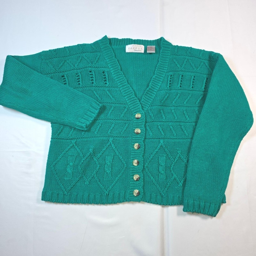Vintage Adrianna Papell Cardigan Sweater M Teal Cable Knit Ramie Cotton 80s 90s